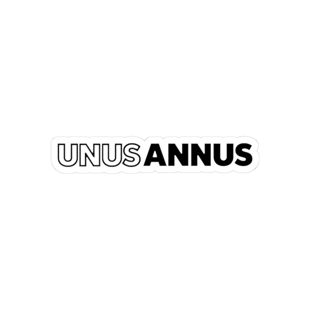 A black car with a white vinyl sticker that says "UNUS ANNUS" on the rear window. - Official stickers merchandise