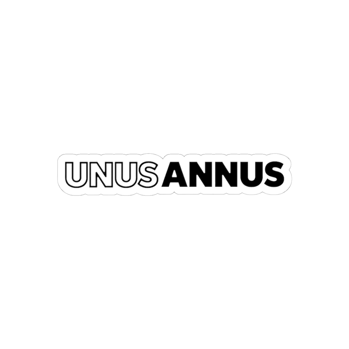A black car with a white vinyl sticker that says "UNUS ANNUS" on the rear window. - alternate angle 1, merchandise