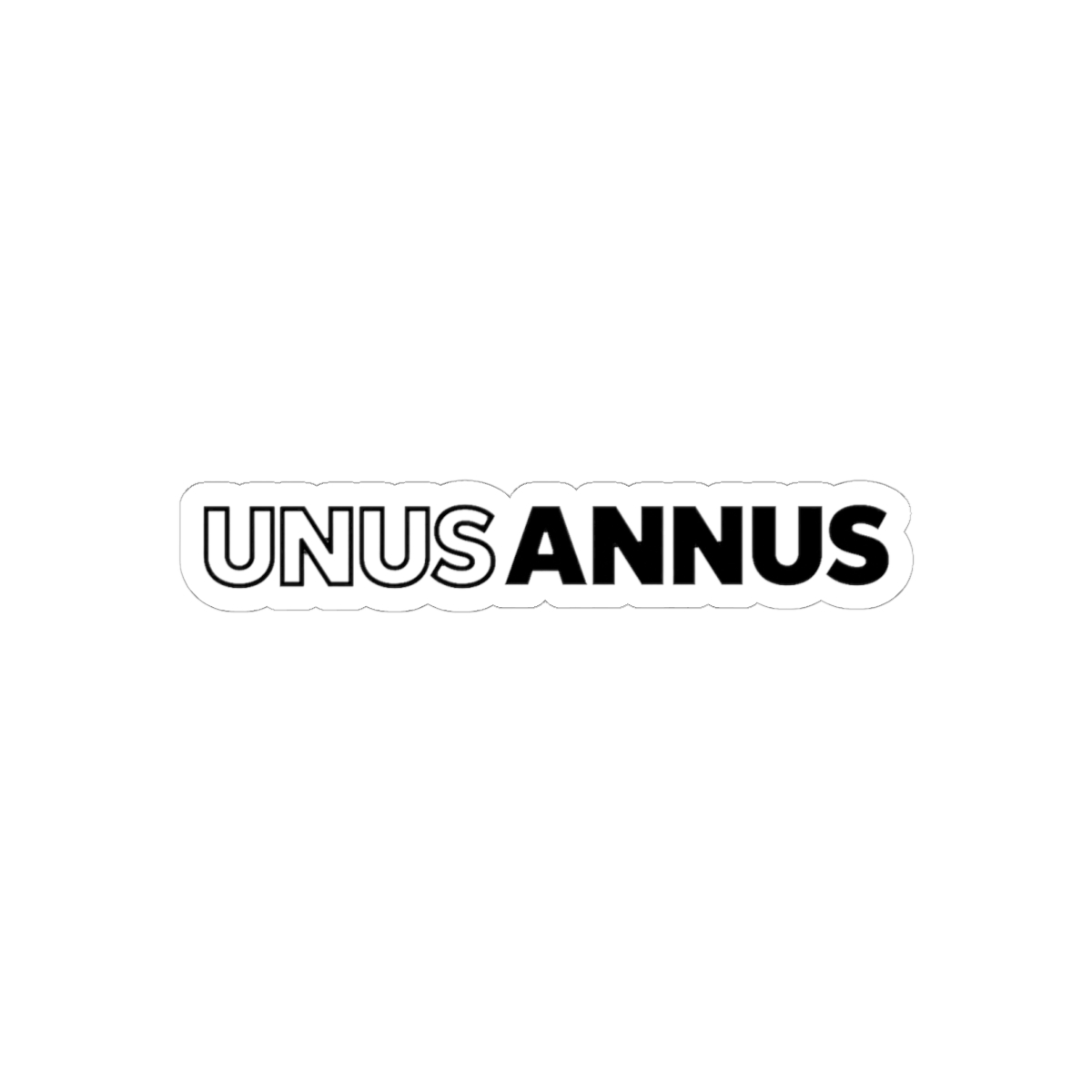 A black car with a white vinyl sticker that says "UNUS ANNUS" on the rear window.
