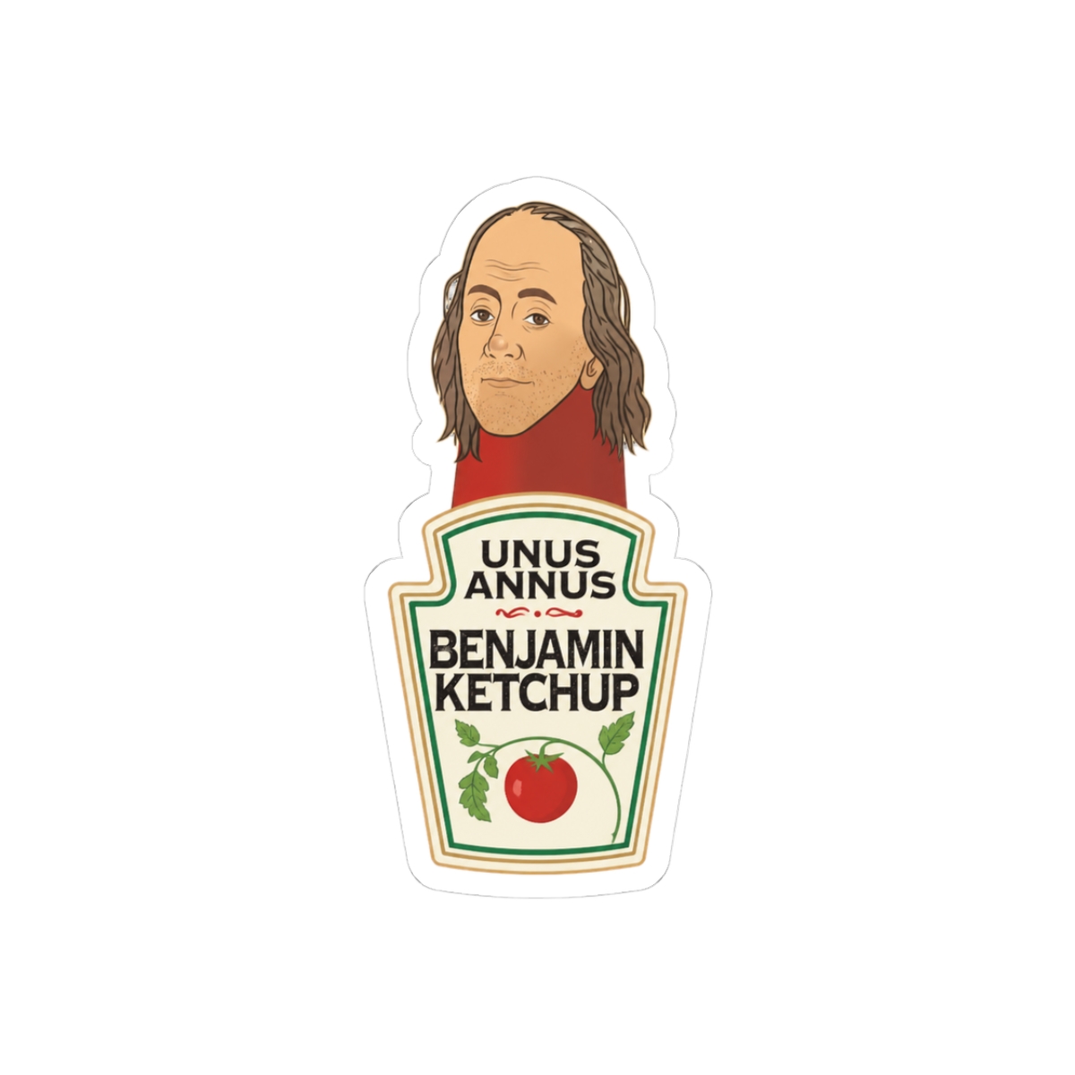 A red ketchup bottle sticker with a white label that says "Unus Annus Est 2020 Benjamin Ketchup". The bottle has a cartoon face of a man with brown hair and a beard - Official Stickers merchandise