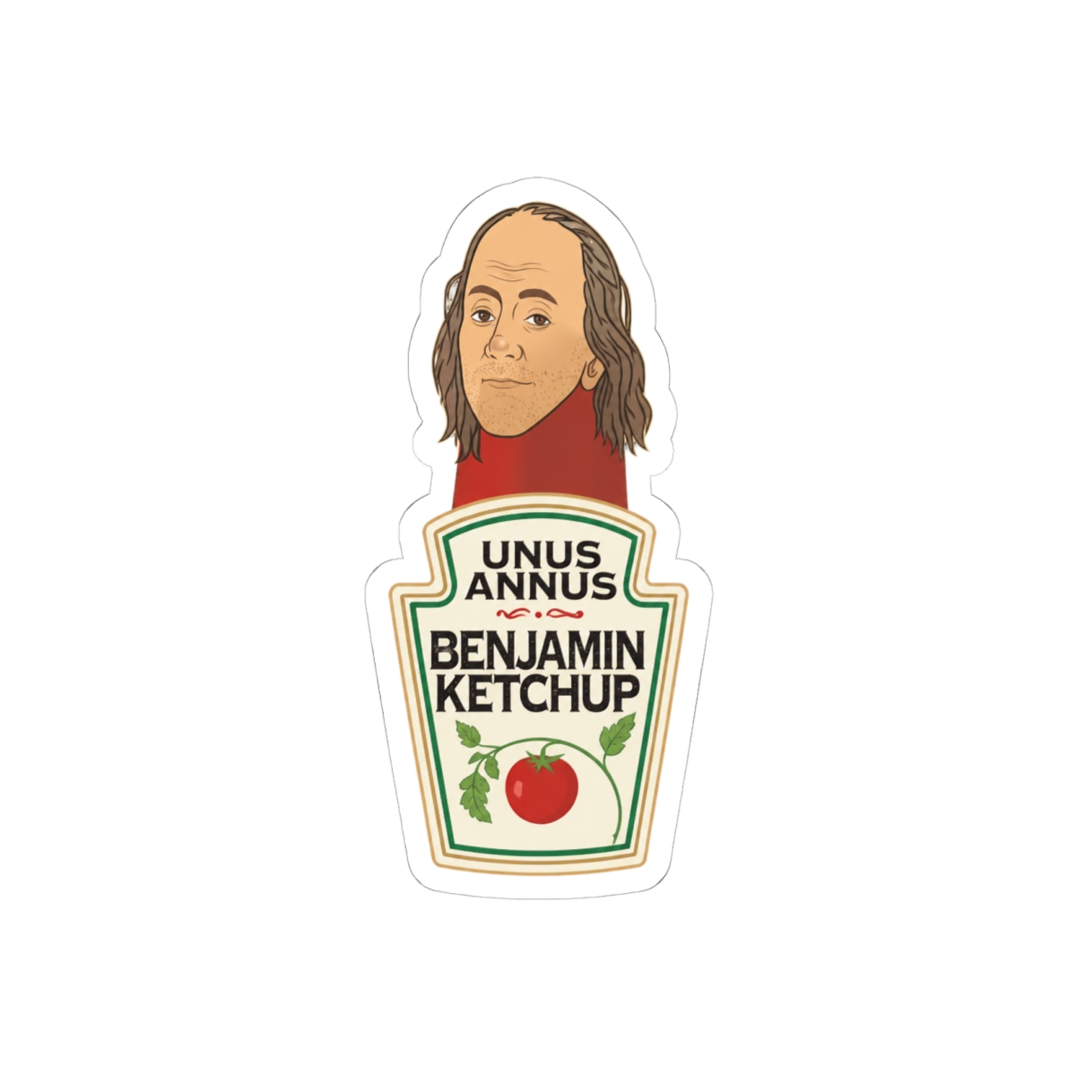 A red ketchup bottle sticker with a white label that says "Unus Annus Est 2020 Benjamin Ketchup". The bottle has a cartoon face of a man with brown hair and a beard